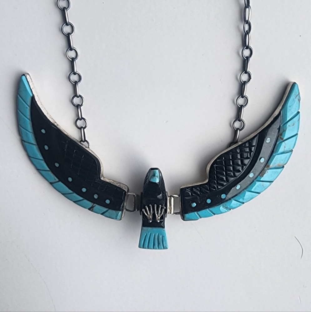Navajo Made Thunderbird Turquoise and Onyx Necklace T Bird Sterling Silver